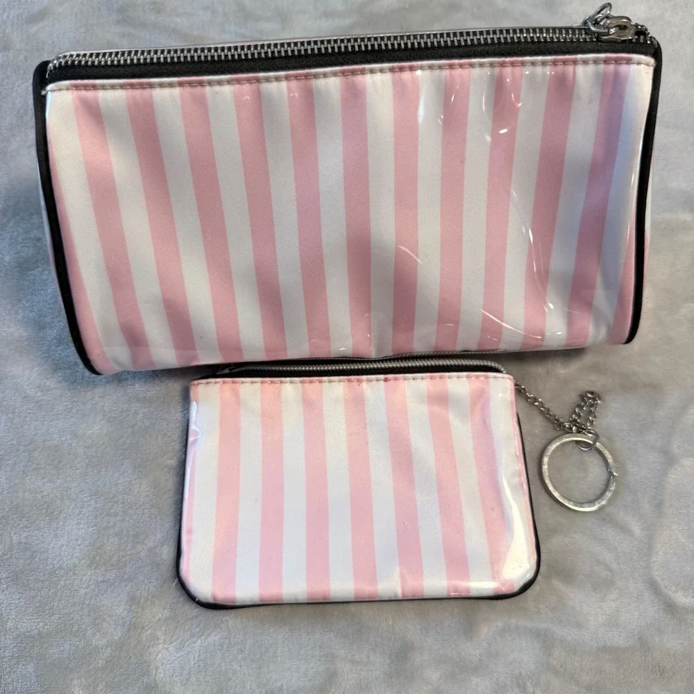 Victoria's Secret Pink White Stripe Cosmetic Makeup Bag Keychain Pouch Set